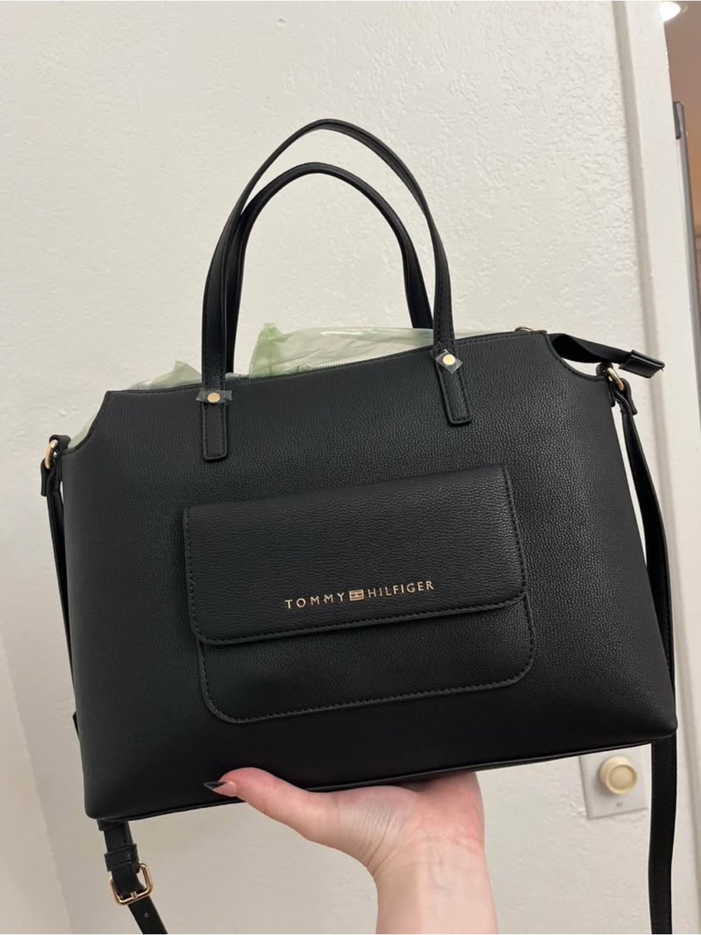 Tommy Hilfiger Black Pebbled Satchel with Front Flap Pocket
